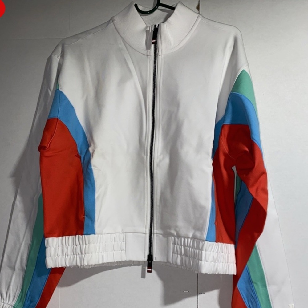 Wilson’s Track Jacket in white w retro stylish red, blue, and green stripes